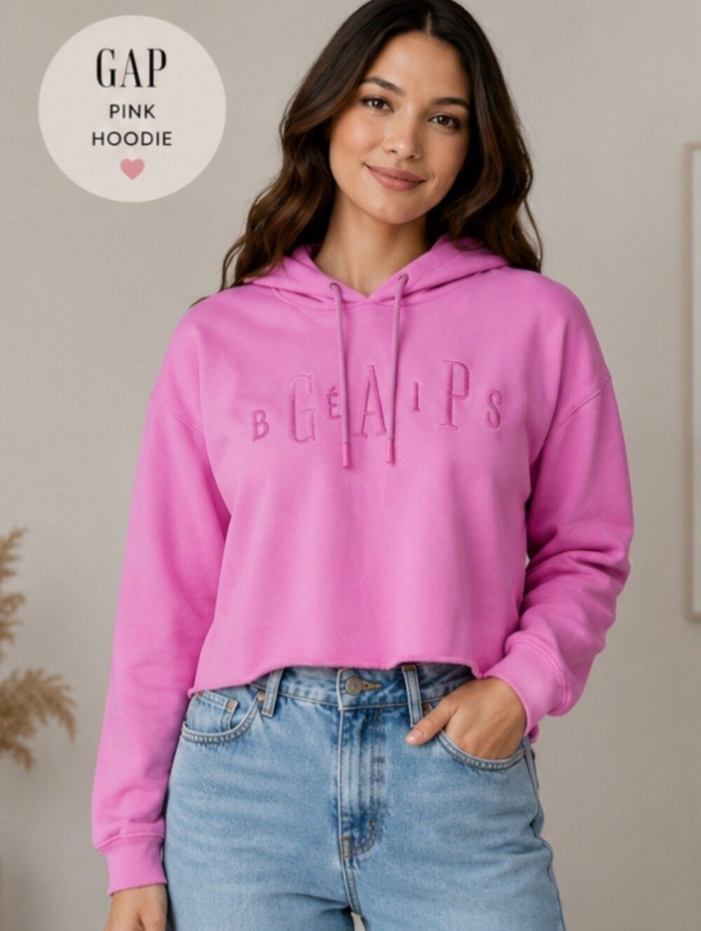 GAP Pink Cropped Hoodie Embroidered Logo Size M